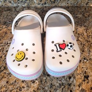 Kids size 1 white crocs I love soccer and smiley face  charm